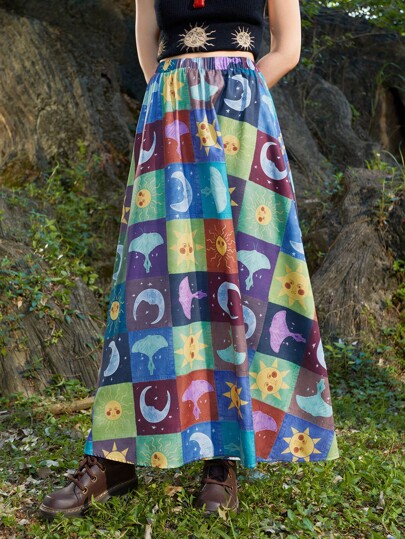 Hippie Allover Print Patchwork Print Skirt