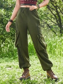 ROMWE Hippie In Đồ họa Nút eo Quần Cargo - xanh quân đội - Xem 1