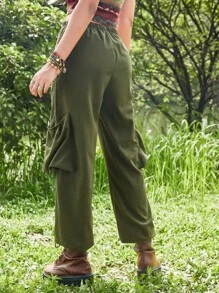 ROMWE Hippie In Đồ họa Nút eo Quần Cargo - xanh quân đội - Xem 3