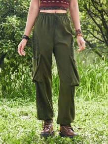 ROMWE Hippie In Đồ họa Nút eo Quần Cargo - xanh quân đội - Xem 6