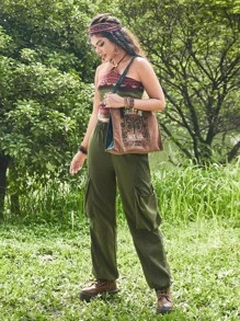 ROMWE Hippie In Đồ họa Nút eo Quần Cargo - xanh quân đội - Xem 7