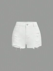 SHEIN 青少年女孩破洞毛邊緣牛仔短褲 - 白色 - 查看 1