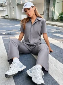 SHEIN Coolane Chất rắn Túi nghiêng Áo liền quần - Màu xám đen - Xem 3