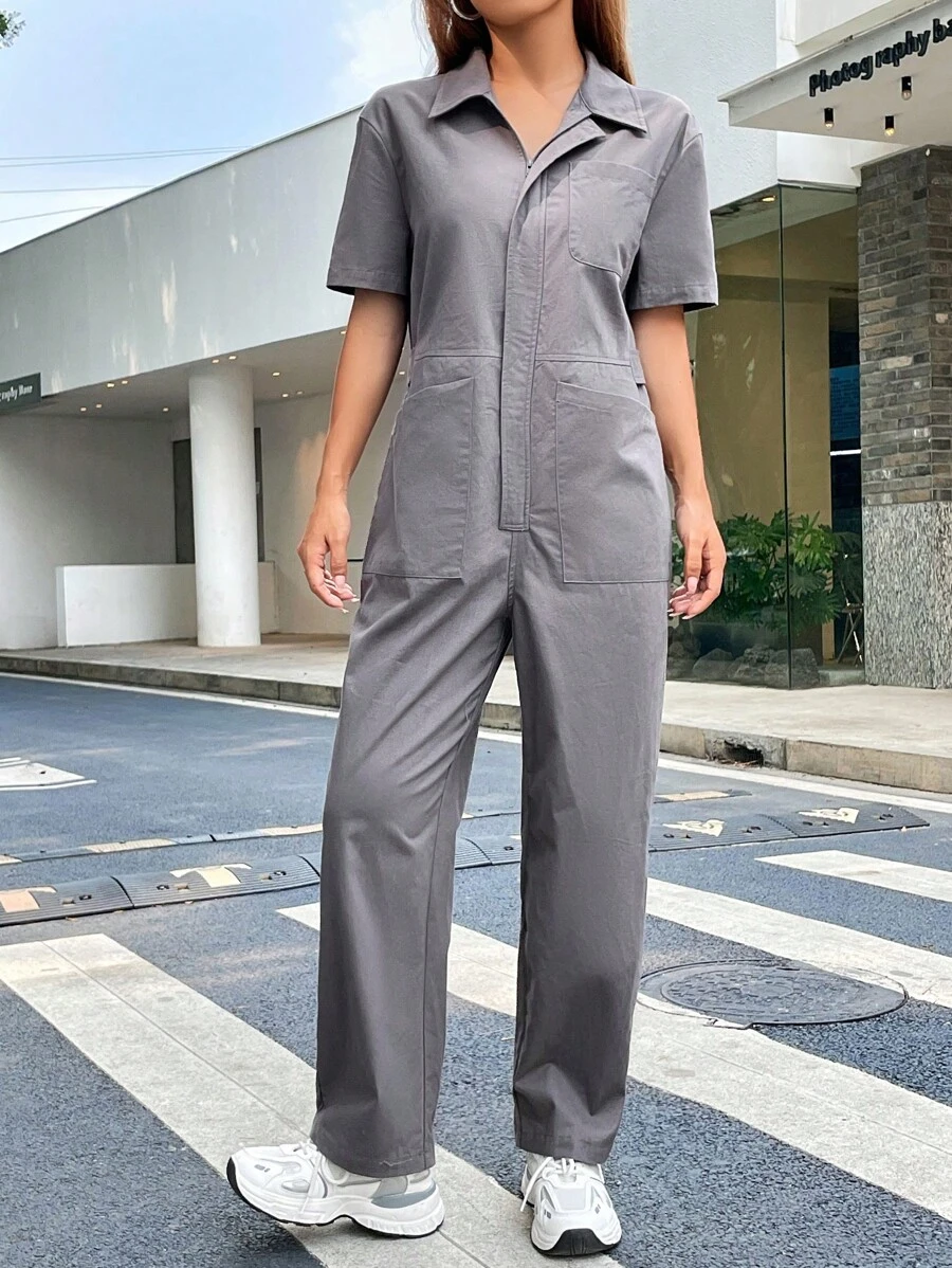 SHEIN Coolane Chất rắn Túi nghiêng Áo liền quần - Màu xám đen - Xem 1