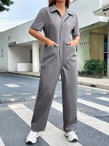 SHEIN Coolane Chất rắn Túi nghiêng Áo liền quần - Màu xám đen - Xem 4