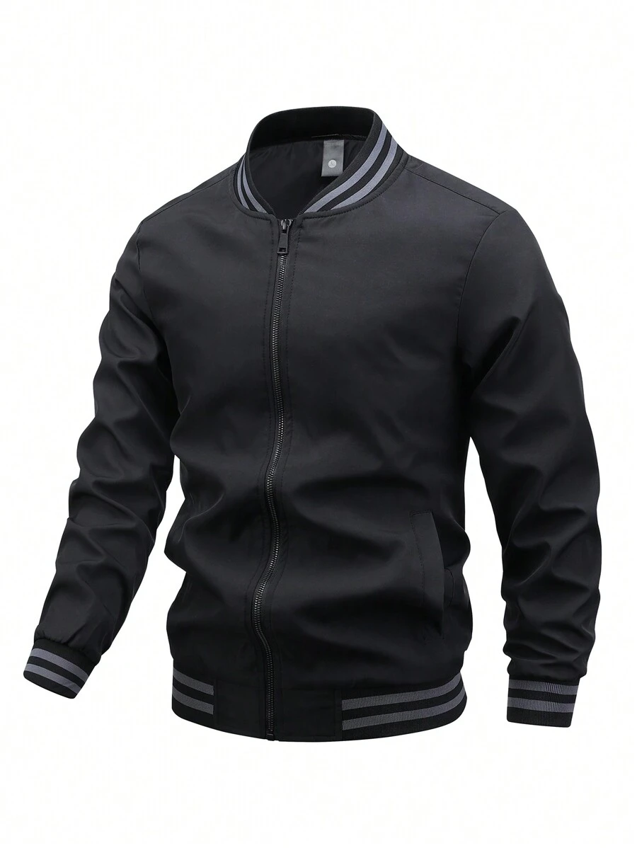 Manfinity Homme Áo khoác gió ngoài trời Varsity dáng rộng cho nam có viền sọc và khóa kéo, áo khoác nhẹ tay dài màu đen, dành cho bạn bè, chồng, quà tặng bạn trai, áo khoác bóng chày, mùa thu - màu đen - Xem 1
