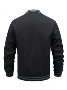 Manfinity Homme Áo khoác gió ngoài trời Varsity dáng rộng cho nam có viền sọc và khóa kéo, áo khoác nhẹ tay dài màu đen, dành cho bạn bè, chồng, quà tặng bạn trai, áo khoác bóng chày, mùa thu - màu đen - Xem 2