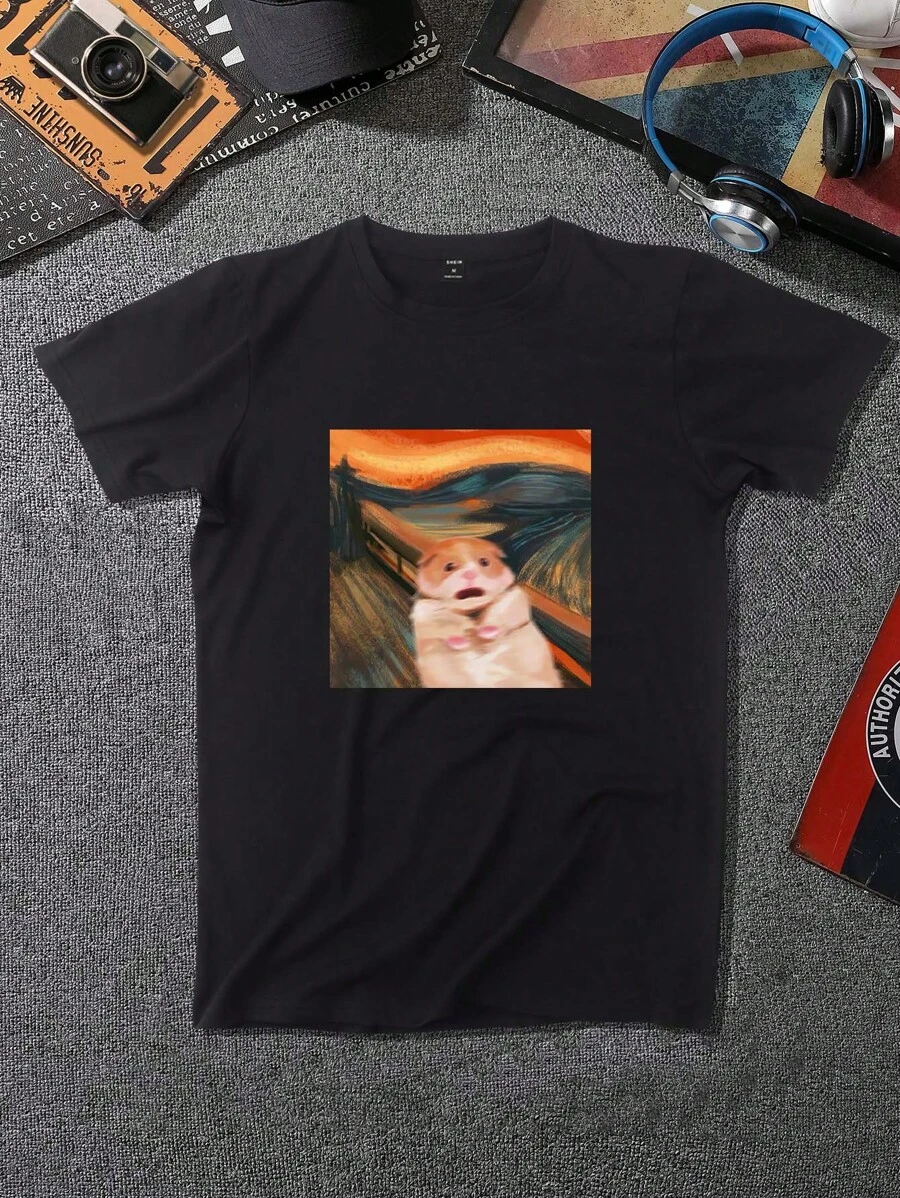 Manfinity Hypemode Men T-Shirts Fit Crew Neck Short Sleeve Graphic Tee Animal Casual Funny Summer Meme Print Tee - Black - View 1