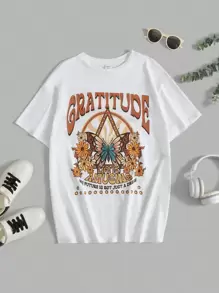 SHEIN 青少年女孩字母與蝴蝶印花T恤 - 白色 - 查看 1