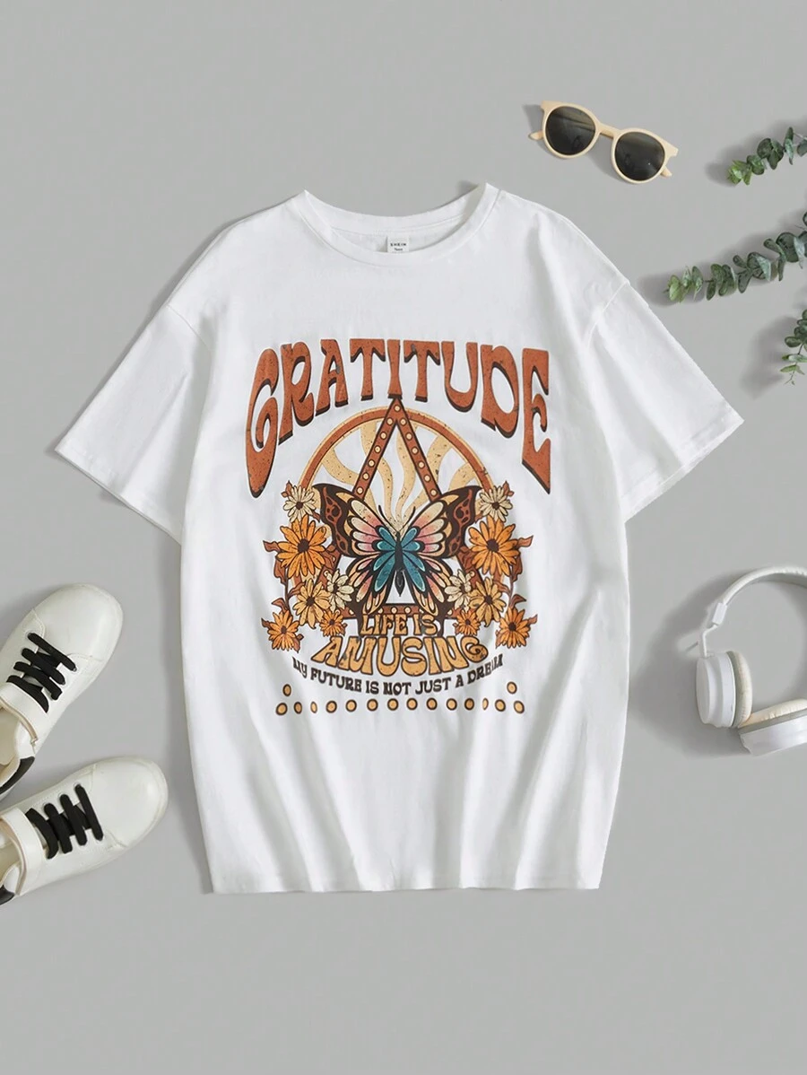 SHEIN 青少年女孩字母與蝴蝶印花T恤 - 白色 - 查看 1