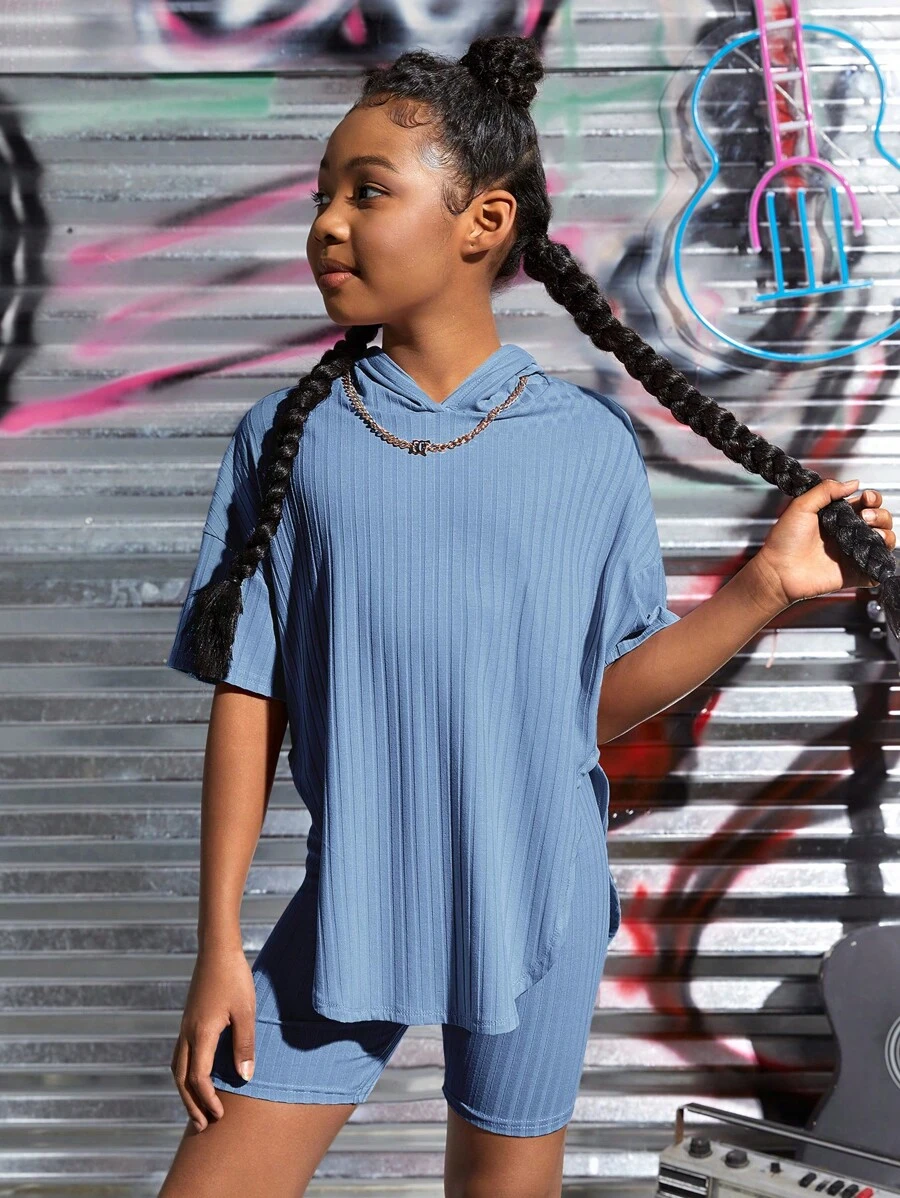 SHEIN Leap Crew 女孩落肩袖連帽T恤和機車短褲 - 霧霾藍 - 查看 1