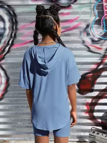 SHEIN Leap Crew 女孩落肩袖連帽T恤和機車短褲 - 霧霾藍 - 查看 2