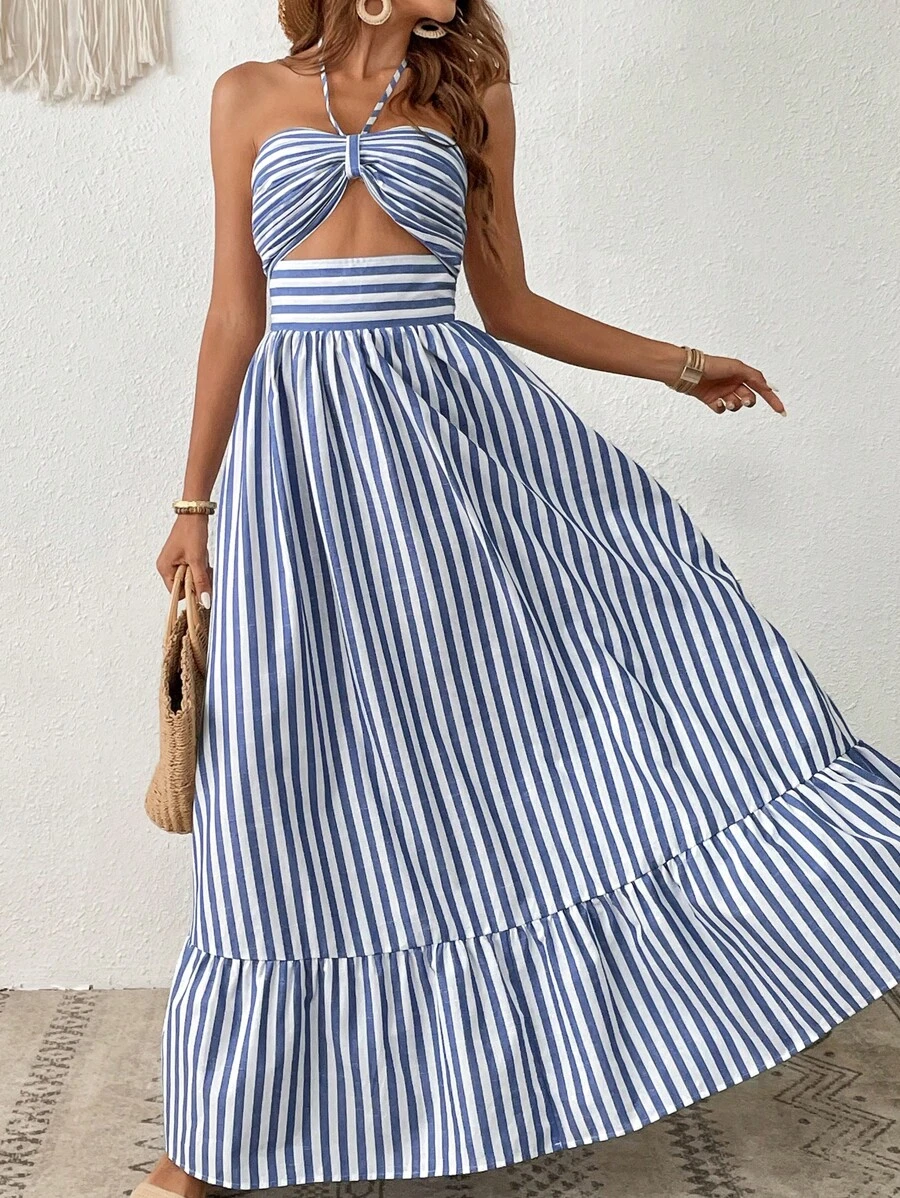 SHEIN VCAY Women Vacation Striped Print Cut Out Ruffle Hem One Piece Summer Beach Halter Dress,Pastel Dresses For Women - Blue and White - View 1