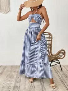 SHEIN VCAY Women Vacation Striped Print Cut Out Ruffle Hem One Piece Summer Beach Halter Dress,Pastel Dresses For Women - Blue and White - View 3