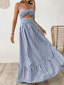 SHEIN VCAY Women Vacation Striped Print Cut Out Ruffle Hem One Piece Summer Beach Halter Dress,Pastel Dresses For Women - Blue and White - View 4