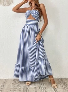 SHEIN VCAY Women Vacation Striped Print Cut Out Ruffle Hem One Piece Summer Beach Halter Dress,Pastel Dresses For Women - Blue and White - View 5