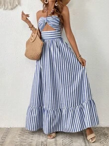 SHEIN VCAY Women Vacation Striped Print Cut Out Ruffle Hem One Piece Summer Beach Halter Dress,Pastel Dresses For Women - Blue and White - View 6