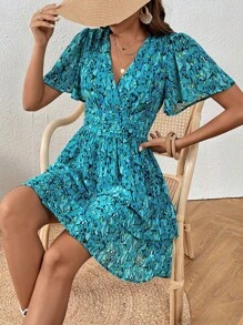 SHEIN VCAY Đầm phân lớp Trọn gói Dải chun Hoa Tất cả trên in Boho - Nhiều màu - Xem 1