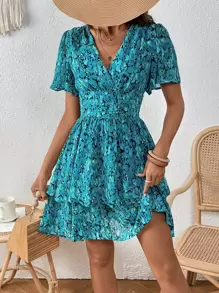 SHEIN VCAY Đầm phân lớp Trọn gói Dải chun Hoa Tất cả trên in Boho - Nhiều màu - Xem 3