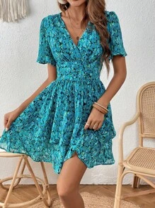 SHEIN VCAY Đầm phân lớp Trọn gói Dải chun Hoa Tất cả trên in Boho - Nhiều màu - Xem 4