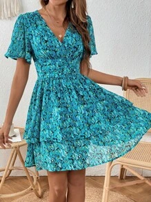 SHEIN VCAY Đầm phân lớp Trọn gói Dải chun Hoa Tất cả trên in Boho - Nhiều màu - Xem 5