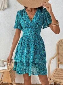 SHEIN VCAY Đầm phân lớp Trọn gói Dải chun Hoa Tất cả trên in Boho - Nhiều màu - Xem 6