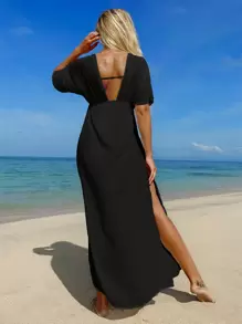 SHEIN Swim Lushore Áo che Nữ Xù Tách cao màu trơn - màu đen - Xem 2