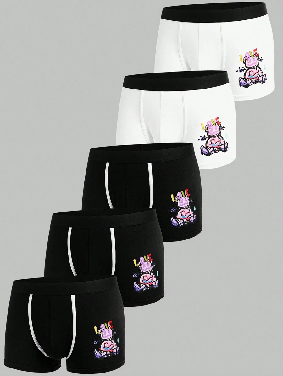 Hombres 5 piezas Calzoncillos boxer con estampado de dibujos animados - Blanco y Negro - Ver 1