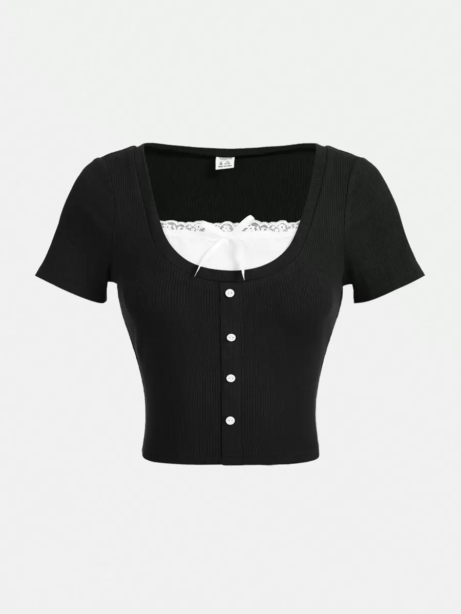 SHEIN Girlism Teen Girls Colourblock Button Front Tee