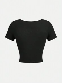 SHEIN Girlism Teen Girls Colourblock Button Front Tee - Black - View 3