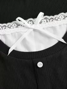 SHEIN Girlism Teen Girls Colourblock Button Front Tee - Black - View 5