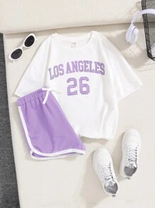 SHEIN 青少女字母圖形下垂肩t恤和對比綁帶短褲 - 紫丁香色 - 查看 1