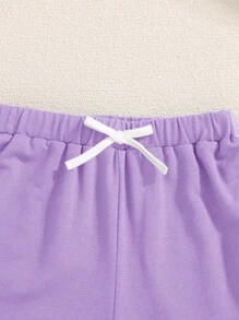 SHEIN 青少女字母圖形下垂肩t恤和對比綁帶短褲 - 紫丁香色 - 查看 6