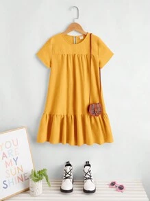 SHEIN Đầm Gái Nút Viên lá sen màu trơn Dễ thương - Màu Mù tạt vàng - Xem 1