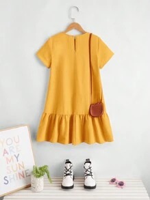 SHEIN Đầm Gái Nút Viên lá sen màu trơn Dễ thương - Màu Mù tạt vàng - Xem 2