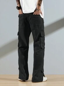 Manfinity EMRG 男士棉側翻蓋口袋工裝牛仔褲 - 黑色 - 查看 2