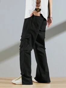 Manfinity EMRG 男士棉側翻蓋口袋工裝牛仔褲 - 黑色 - 查看 3