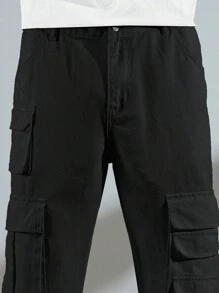 Manfinity EMRG 男士棉側翻蓋口袋工裝牛仔褲 - 黑色 - 查看 7
