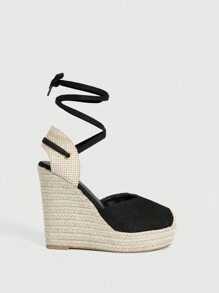 Styleloop Two Tone Espadrille Ankle Strap Court Wedge Shoes - Black - View 3