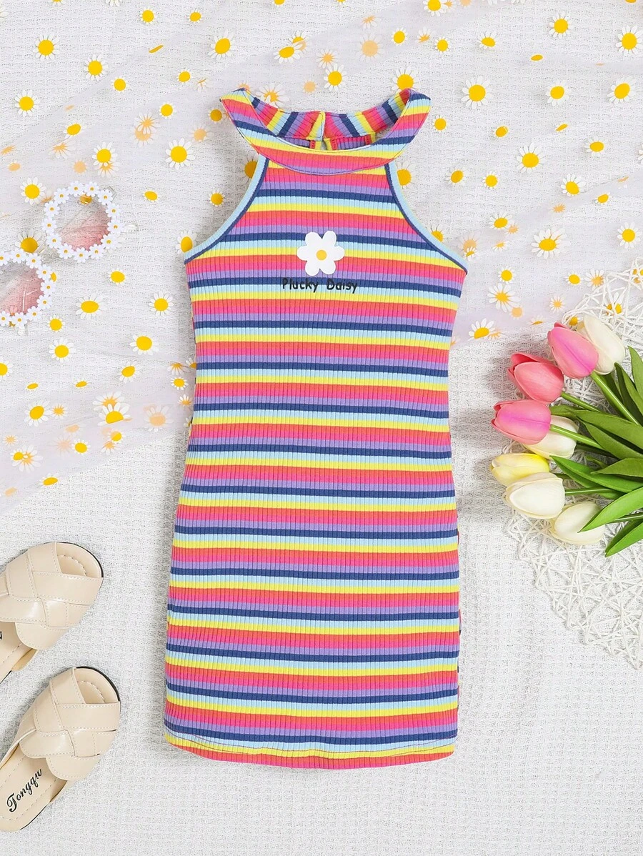 SHEIN Đầm bé gái Nút Gân đan Hoa sọc cầu vồng Giải trí - Nhiều màu - Xem 1