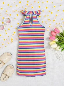 SHEIN Đầm bé gái Nút Gân đan Hoa sọc cầu vồng Giải trí - Nhiều màu - Xem 2