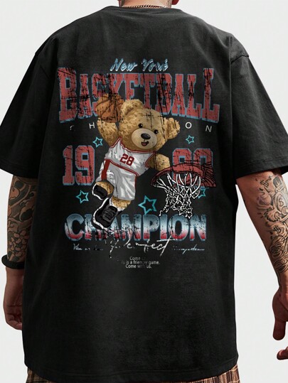 Street Life تي شيرت رسم لِدبّ و شعار للرجال، مدرسة