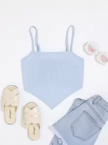 SHEIN Leap Crew Tank Tops & Camis Bé Gái Bất đối xứng Gân đan màu trơn Giải trí - Màu xanh nhạt - Xem 1