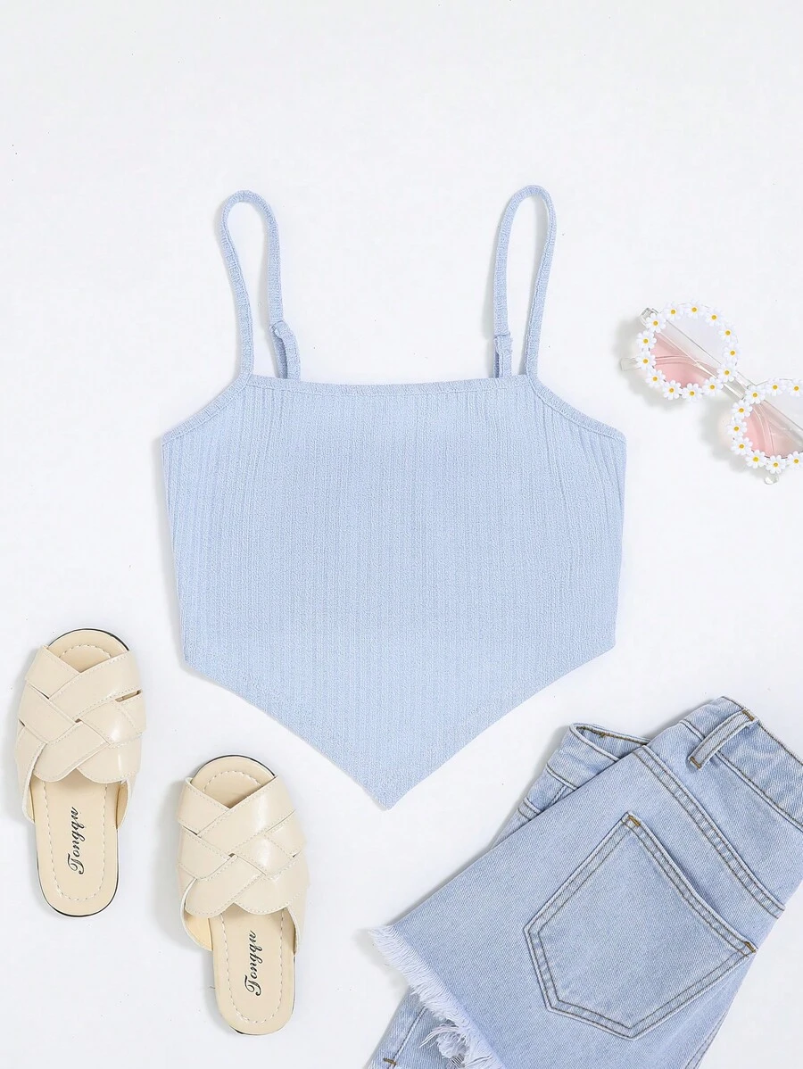 SHEIN Leap Crew Tank Tops & Camis Bé Gái Bất đối xứng Gân đan màu trơn Giải trí - Màu xanh nhạt - Xem 1