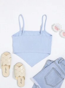 SHEIN Leap Crew Tank Tops & Camis Bé Gái Bất đối xứng Gân đan màu trơn Giải trí - Màu xanh nhạt - Xem 2