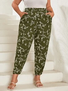 SHEIN LUNE Quần Plus Size Túi Hoa Tất cả trên in Boho - xanh quân đội - Xem 1