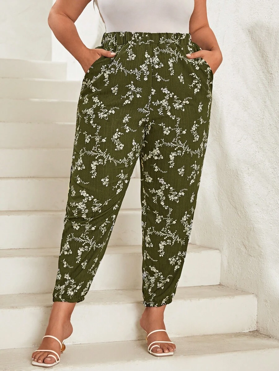 SHEIN LUNE Quần Plus Size Túi Hoa Tất cả trên in Boho - xanh quân đội - Xem 1