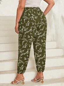 SHEIN LUNE Quần Plus Size Túi Hoa Tất cả trên in Boho - xanh quân đội - Xem 2