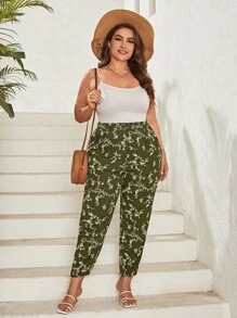 SHEIN LUNE Quần Plus Size Túi Hoa Tất cả trên in Boho - xanh quân đội - Xem 3
