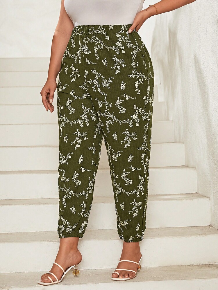 SHEIN LUNE Quần Plus Size Túi Hoa Tất cả trên in Boho - xanh quân đội - Xem 5
